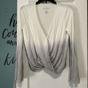 American Eagle Soft & Sexy White Grey Ombre Long Sleeve V Neck Top S Small